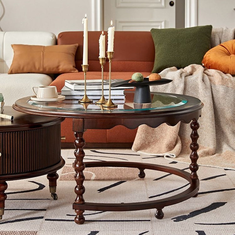 Traditional French Round Solid Wood Multi-Layer Plate Glass Coffee Table 2-Tier For Living Room