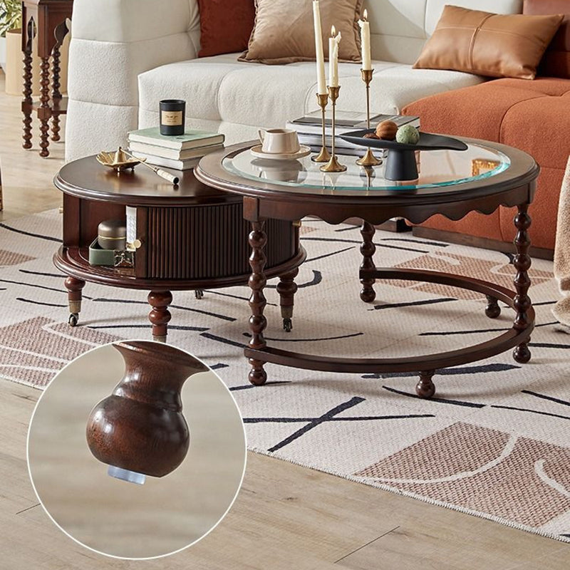 Traditional French Round Solid Wood Multi-Layer Plate Glass Coffee Table 2-Tier For Living Room
