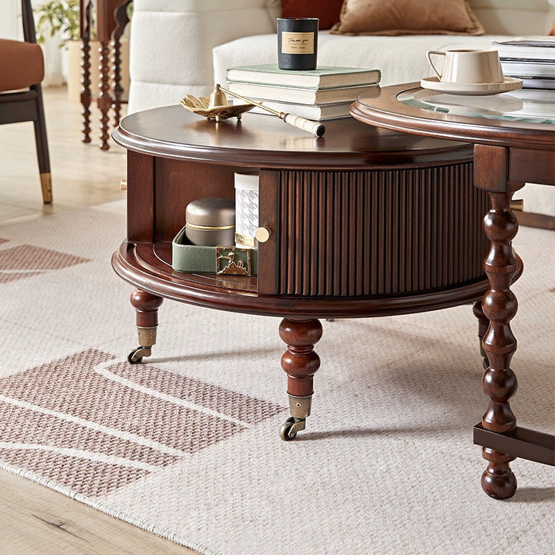 Traditional French Round Solid Wood Multi-Layer Plate Glass Coffee Table 2-Tier For Living Room