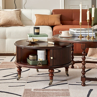 Traditional French Round Solid Wood Multi-Layer Plate Glass Coffee Table 2-Tier For Living Room