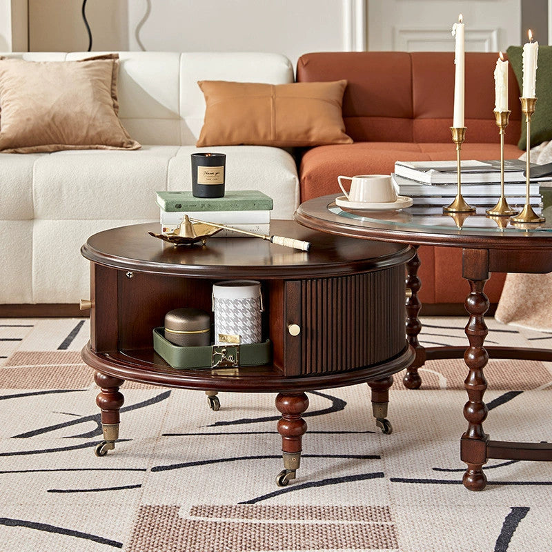 Traditional French Round Solid Wood Multi-Layer Plate Glass Coffee Table 2-Tier For Living Room