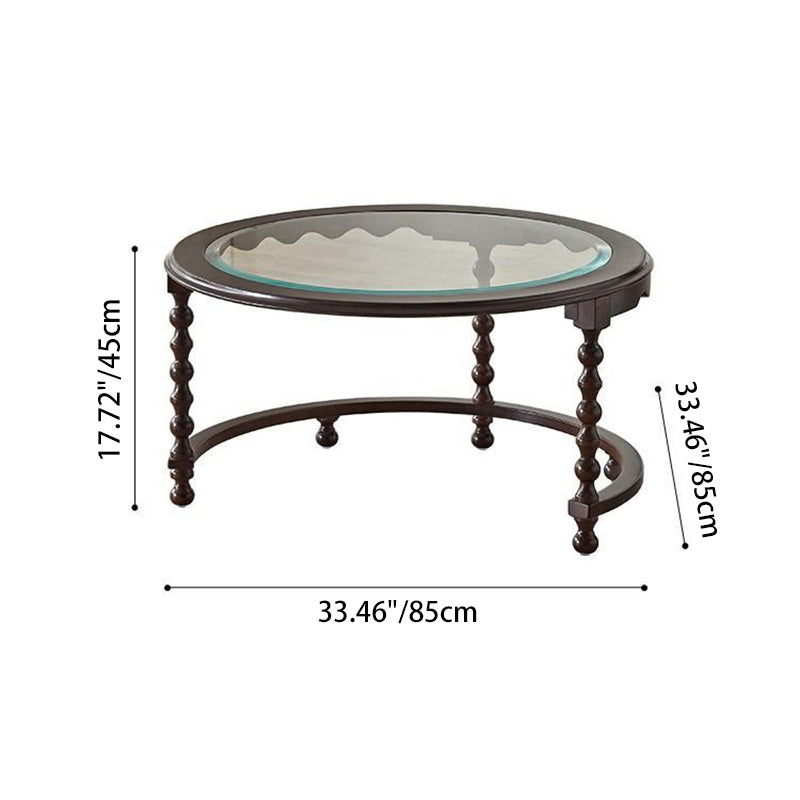 Traditional French Round Solid Wood Multi-Layer Plate Glass Coffee Table 2-Tier For Living Room