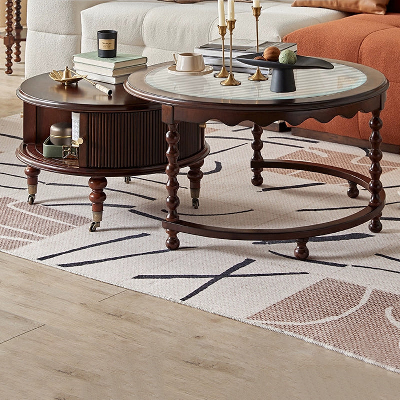 Traditional French Round Solid Wood Multi-Layer Plate Glass Coffee Table 2-Tier For Living Room