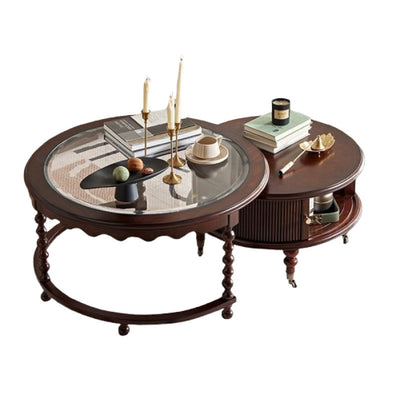 Traditional French Round Solid Wood Multi-Layer Plate Glass Coffee Table 2-Tier For Living Room