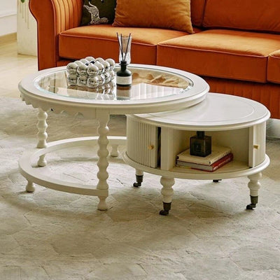 Traditional French Round Solid Wood Multi-Layer Plate Glass Coffee Table 2-Tier For Living Room