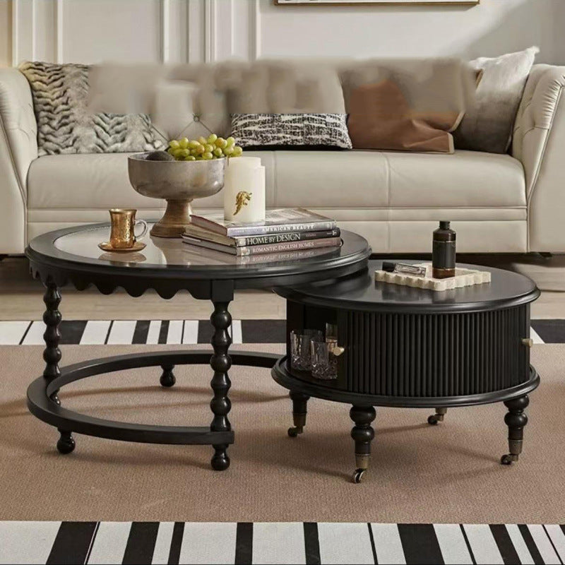 Traditional French Round Solid Wood Multi-Layer Plate Glass Coffee Table 2-Tier For Living Room