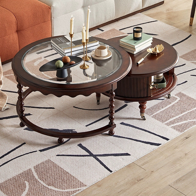 Traditional French Round Solid Wood Multi-Layer Plate Glass Coffee Table 2-Tier For Living Room