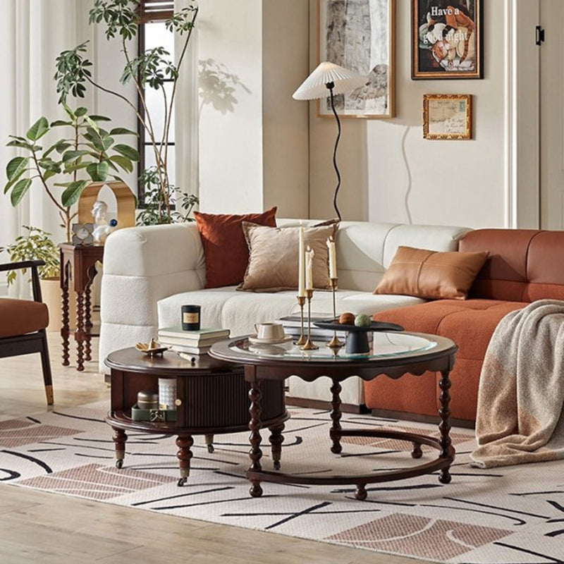 Traditional French Round Solid Wood Multi-Layer Plate Glass Coffee Table 2-Tier For Living Room