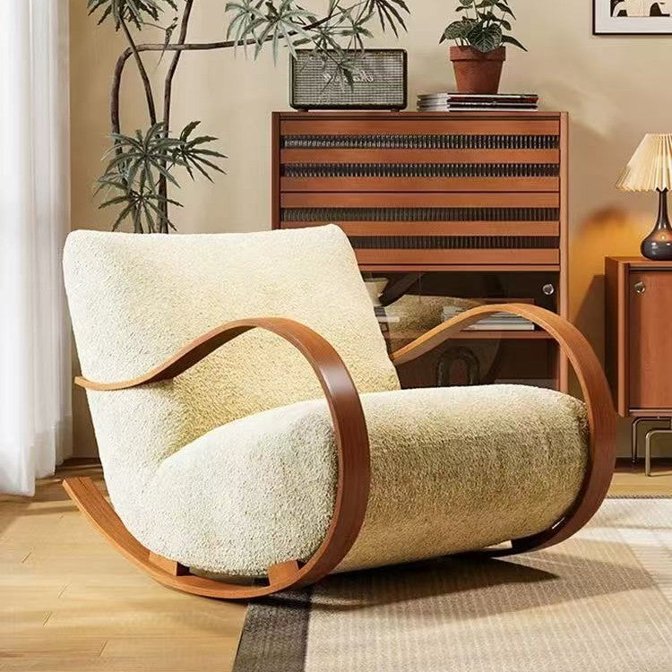 Contemporary Scandinavian Curved Rectangular Velvet Carbon Steel Rocking Accent Chair Backrest Armrest For Living Room
