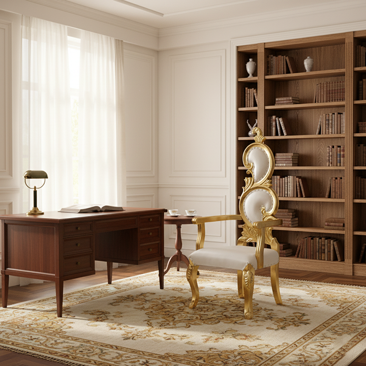 Chaise d'appoint traditionnelle française en cuir PU rectangulaire à dossier et accoudoirs en forme de pétales, en bois massif, pour salon 