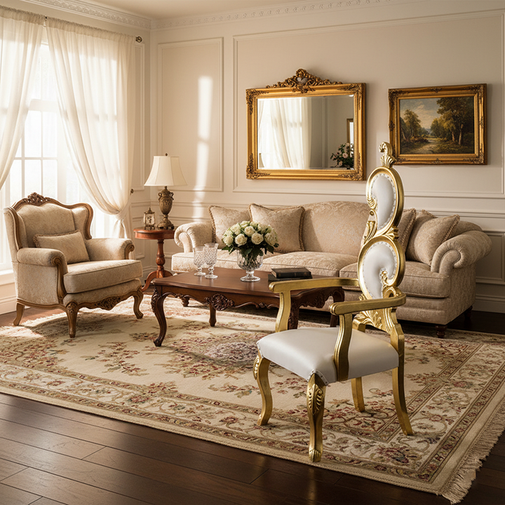 Chaise d'appoint traditionnelle française en cuir PU rectangulaire à dossier et accoudoirs en forme de pétales, en bois massif, pour salon 