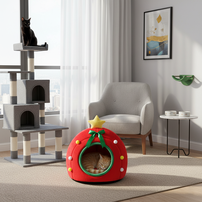 Conception contemporaine créative de boîte cadeau pour sapin de Noël, cristal, velours, fauteuil d’appoint pour animal de compagnie, dossier, sans accoudoirs, pour salon 