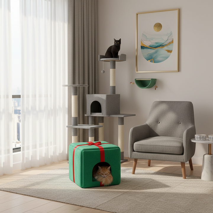 Conception contemporaine créative de boîte cadeau pour sapin de Noël, cristal, velours, fauteuil d’appoint pour animal de compagnie, dossier, sans accoudoirs, pour salon 