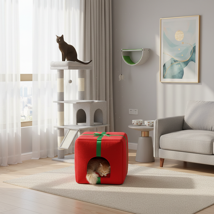 Conception contemporaine créative de boîte cadeau pour sapin de Noël, cristal, velours, fauteuil d’appoint pour animal de compagnie, dossier, sans accoudoirs, pour salon 