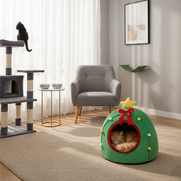 Conception contemporaine créative de boîte cadeau pour sapin de Noël, cristal, velours, fauteuil d’appoint pour animal de compagnie, dossier, sans accoudoirs, pour salon 