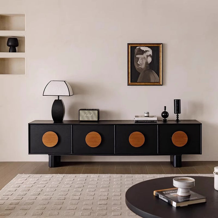 Moderner minimalistischer rechteckiger TV-Ständer aus massivem Gummibaumholz und Sperrholz mit 2 Schubladen für das Wohnzimmer 