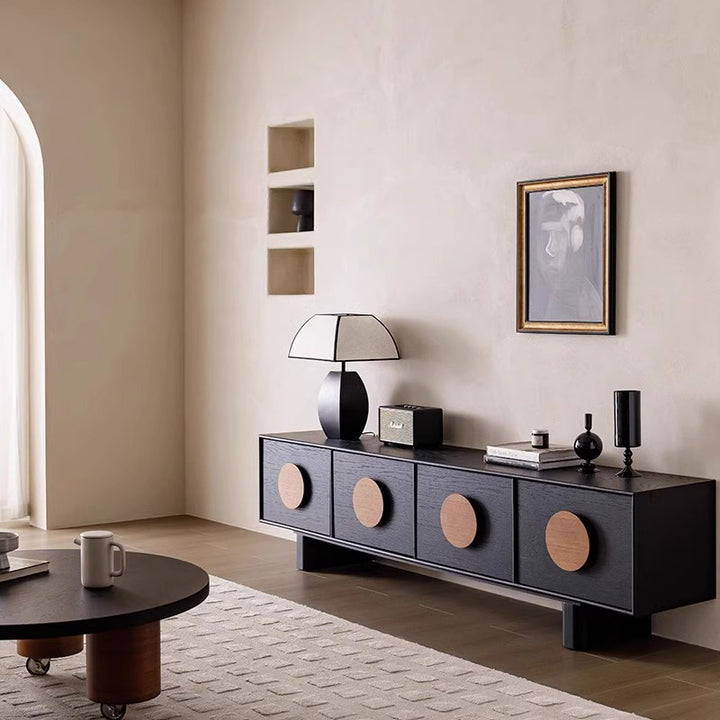 Moderner minimalistischer rechteckiger TV-Ständer aus massivem Gummibaumholz und Sperrholz mit 2 Schubladen für das Wohnzimmer 
