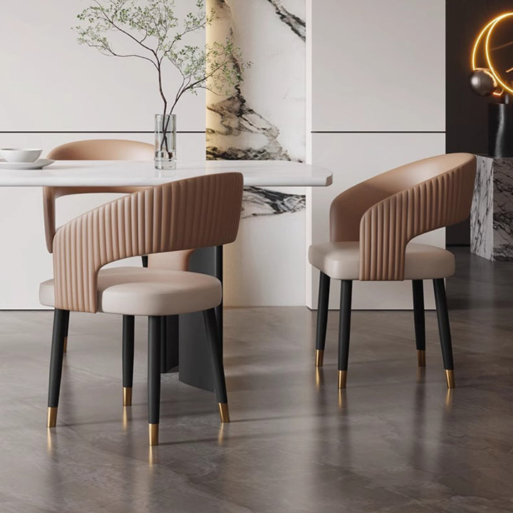 Chaise de salle à manger moderne minimaliste incurvée en cuir PU, bois massif, contreplaqué et fer, sans accoudoirs, avec dossier, pour salle à manger 