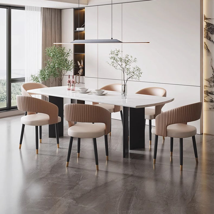 Chaise de salle à manger moderne minimaliste incurvée en cuir PU, bois massif, contreplaqué et fer, sans accoudoirs, avec dossier, pour salle à manger 