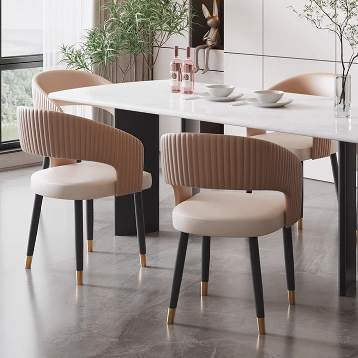Chaise de salle à manger moderne minimaliste incurvée en cuir PU, bois massif, contreplaqué et fer, sans accoudoirs, avec dossier, pour salle à manger 