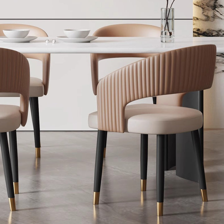 Chaise de salle à manger moderne minimaliste incurvée en cuir PU, bois massif, contreplaqué et fer, sans accoudoirs, avec dossier, pour salle à manger 