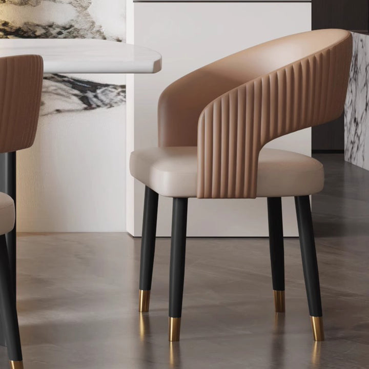 Chaise de salle à manger moderne minimaliste incurvée en cuir PU, bois massif, contreplaqué et fer, sans accoudoirs, avec dossier, pour salle à manger 