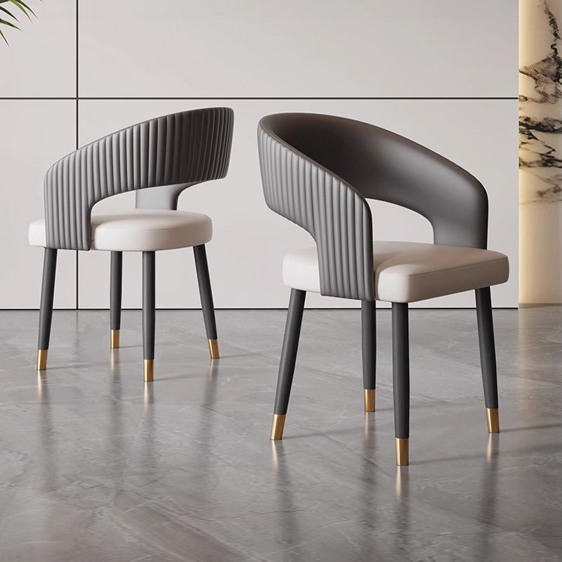 Chaise de salle à manger moderne minimaliste incurvée en cuir PU, bois massif, contreplaqué et fer, sans accoudoirs, avec dossier, pour salle à manger 