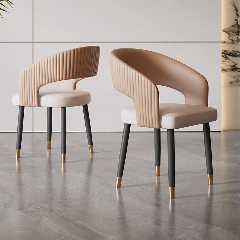 Chaise de salle à manger moderne minimaliste incurvée en cuir PU, bois massif, contreplaqué et fer, sans accoudoirs, avec dossier, pour salle à manger 