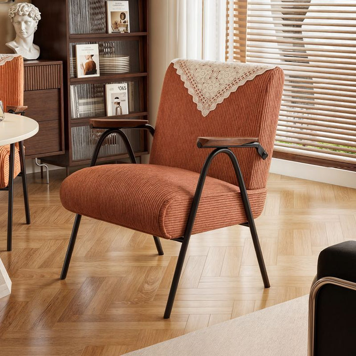 Chaise d'appoint vintage traditionnelle rectangulaire en velours côtelé aspect cuir huilé ciré imitation, bois massif et fer, avec dossier et accoudoirs, pour salon 
