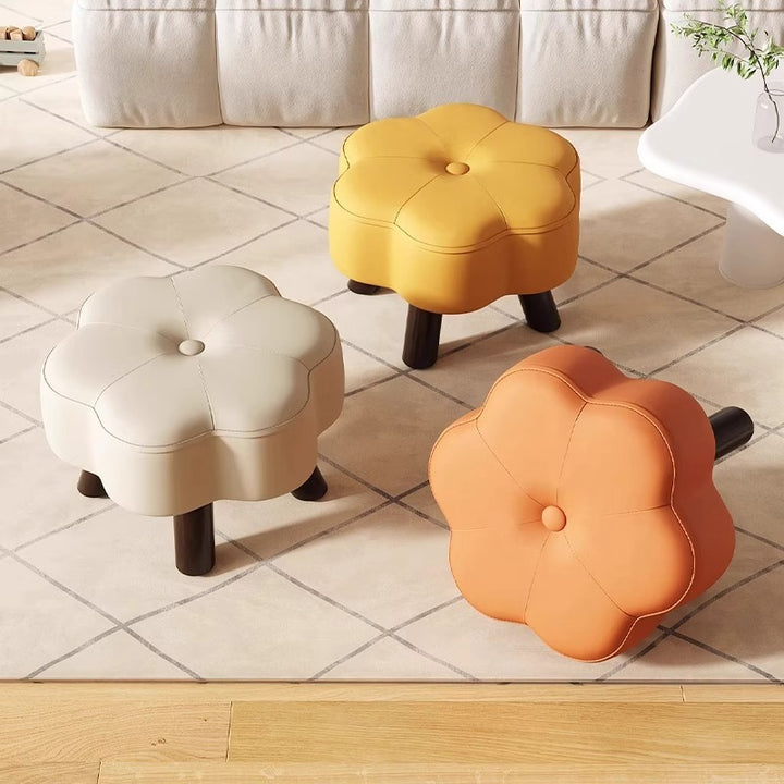 Moderno Minimalista Forma de Flor Resistente a Arañazos de Gato Cuero Madera Maciza Silla Sin Respaldo Sin Brazos Para Sala de Estar 