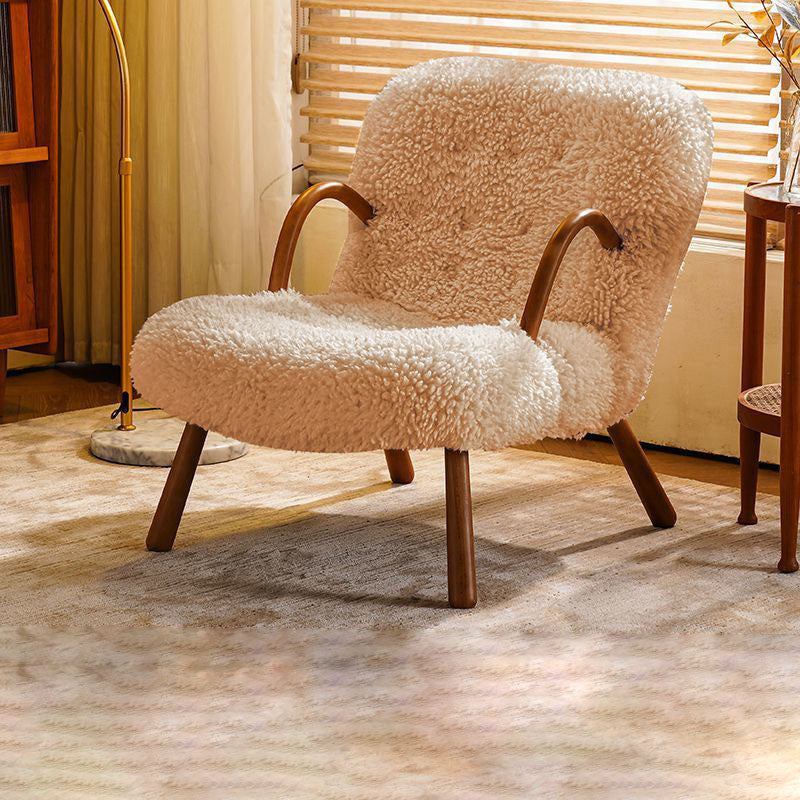 Modern Minimalist Rectangular Lambswool Solid Wood Accent Chair Backrest Armrest For Living Room