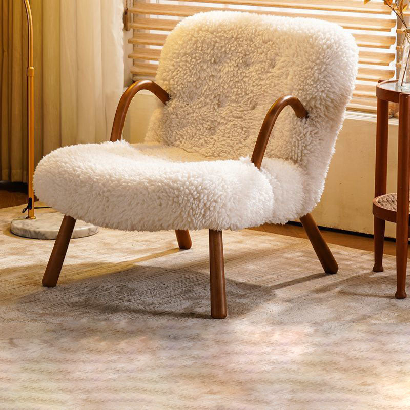 Modern Minimalist Rectangular Lambswool Solid Wood Accent Chair Backrest Armrest For Living Room