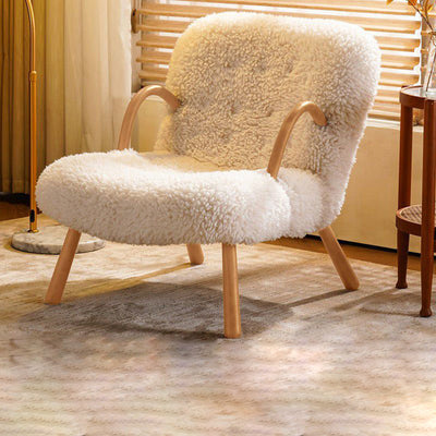 Modern Minimalist Rectangular Lambswool Solid Wood Accent Chair Backrest Armrest For Living Room