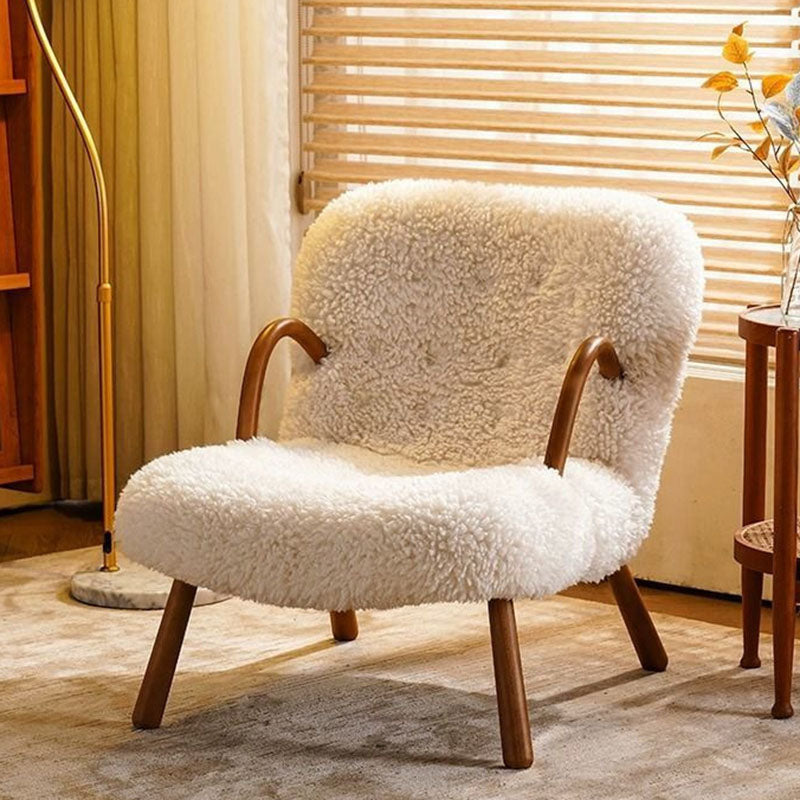 Moderner minimalistischer Akzentstuhl in rechteckiger Form aus Sherpa-Stoff und Massivholz mit Rückenlehne und Armlehnen für das Wohnzimmer 
