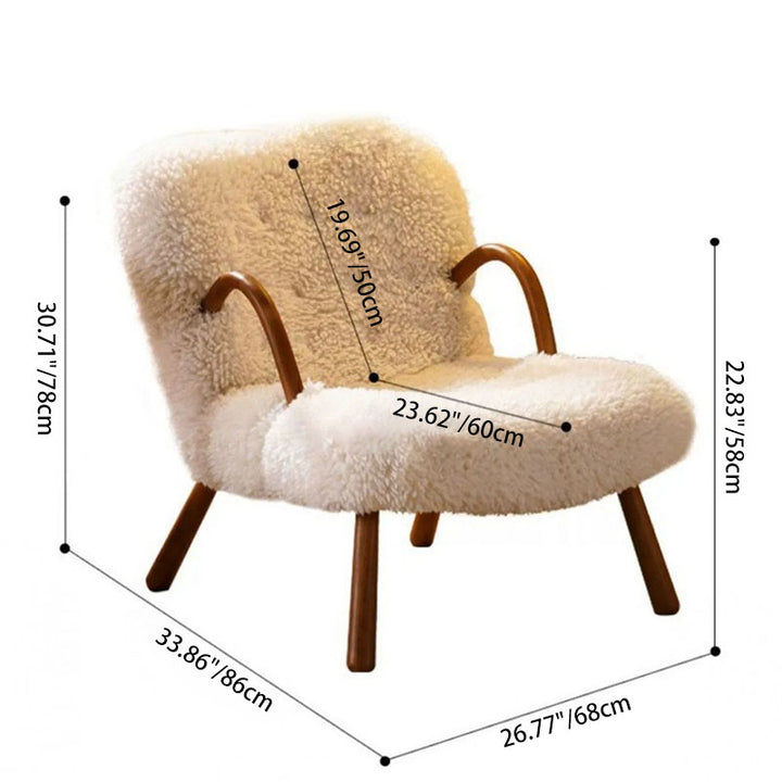 Moderner minimalistischer Akzentstuhl in rechteckiger Form aus Sherpa-Stoff und Massivholz mit Rückenlehne und Armlehnen für das Wohnzimmer 