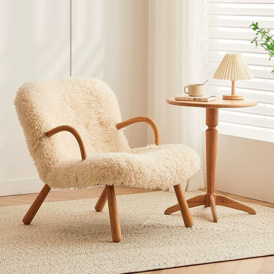 Modern Minimalist Rectangular Lambswool Solid Wood Accent Chair Backrest Armrest For Living Room