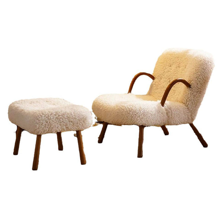 Moderner minimalistischer Akzentstuhl in rechteckiger Form aus Sherpa-Stoff und Massivholz mit Rückenlehne und Armlehnen für das Wohnzimmer 