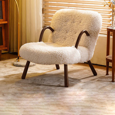 Modern Minimalist Rectangular Lambswool Solid Wood Accent Chair Backrest Armrest For Living Room