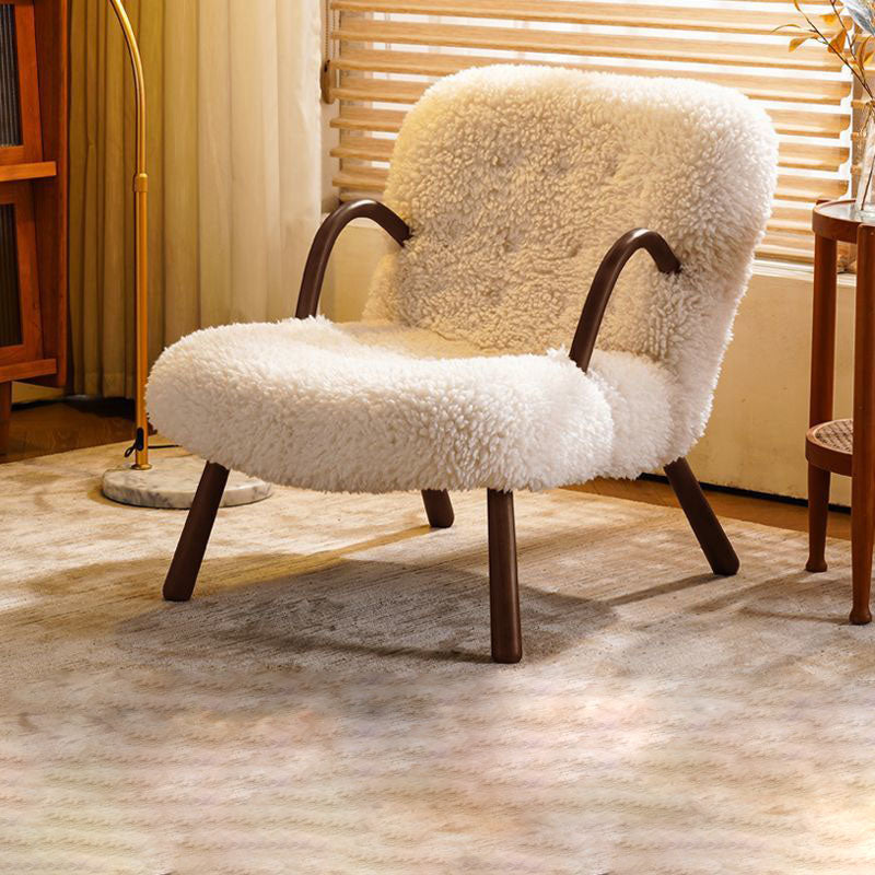 Modern Minimalist Rectangular Lambswool Solid Wood Accent Chair Backrest Armrest For Living Room