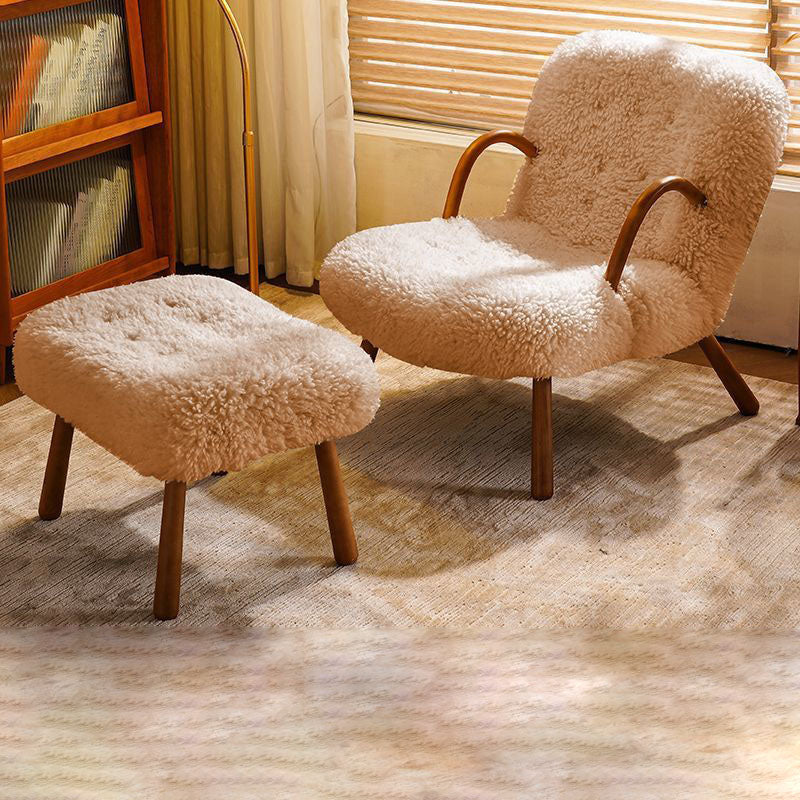 Modern Minimalist Rectangular Lambswool Solid Wood Accent Chair Backrest Armrest For Living Room