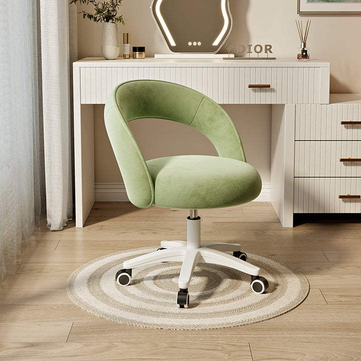 Moderner minimalistischer geschwungener Hocker aus Samt, Nylon und Plastik ohne Rückenlehne für das Schlafzimmer 