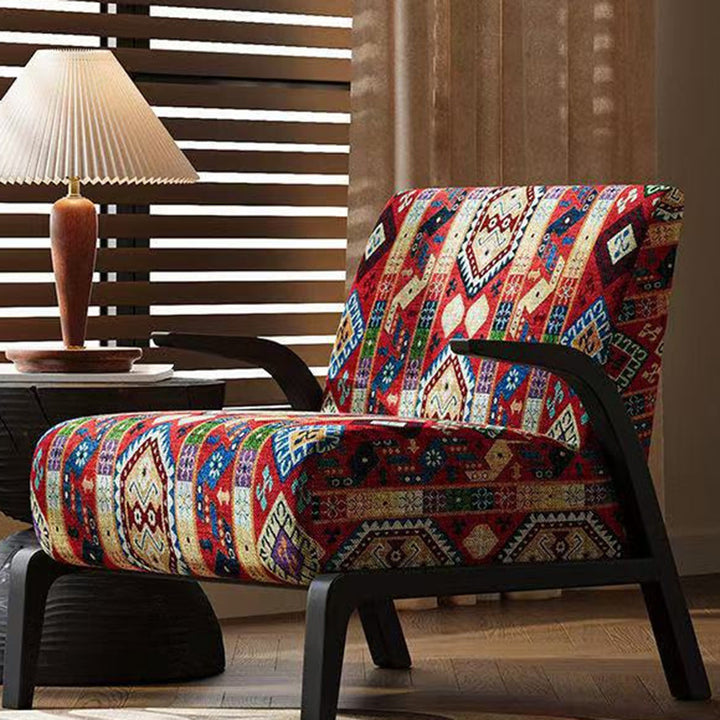 Traditional Vintage Rectangular Jacquard Fabric Solid Wood Accent Chair Backrest Armrest For Living Room