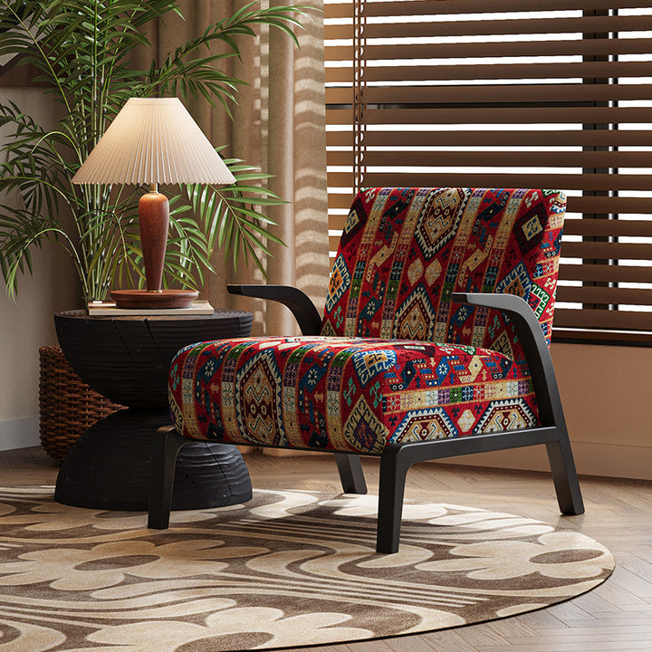 Traditional Vintage Rectangular Jacquard Fabric Solid Wood Accent Chair Backrest Armrest For Living Room