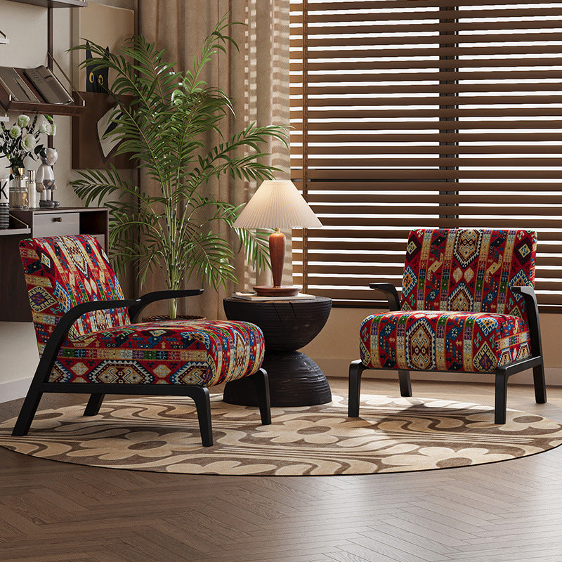 Traditional Vintage Rectangular Jacquard Fabric Solid Wood Accent Chair Backrest Armrest For Living Room