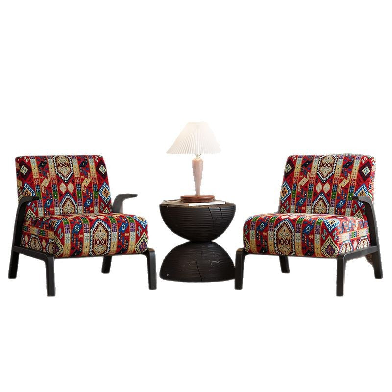 Traditional Vintage Rectangular Jacquard Fabric Solid Wood Accent Chair Backrest Armrest For Living Room