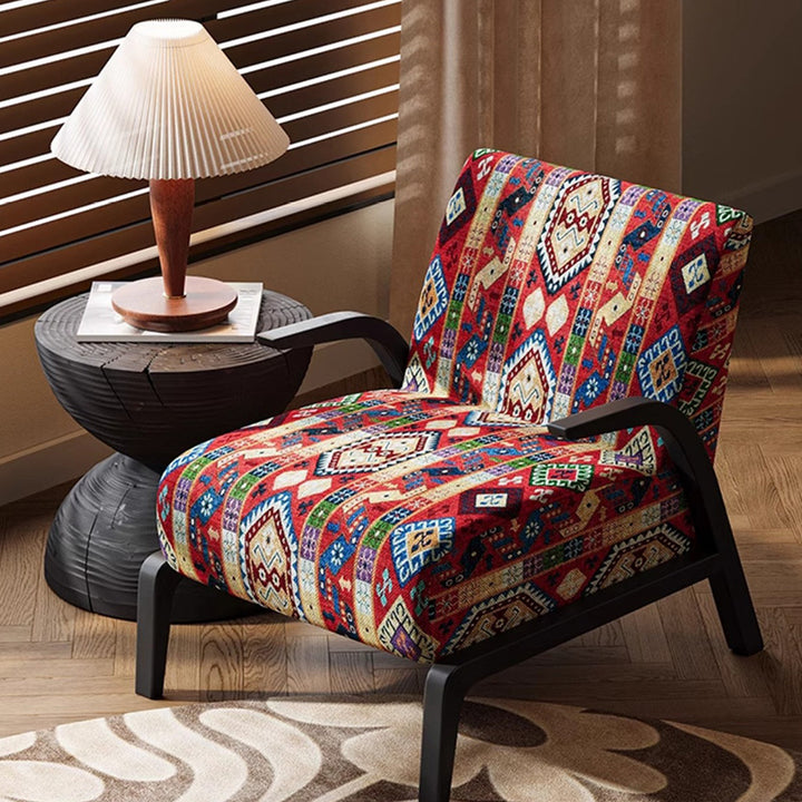 Chaise d'appoint traditionnelle vintage rectangulaire en tissu jacquard et bois massif avec dossier et accoudoirs pour salon 