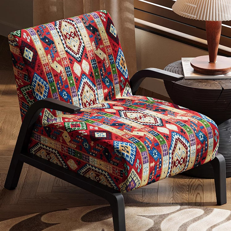 Traditional Vintage Rectangular Jacquard Fabric Solid Wood Accent Chair Backrest Armrest For Living Room