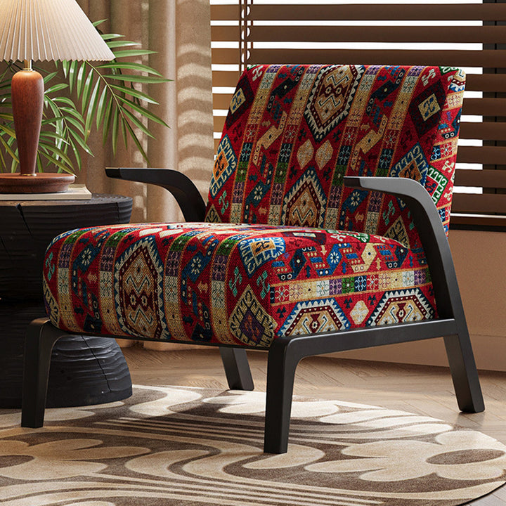 Traditional Vintage Rectangular Jacquard Fabric Solid Wood Accent Chair Backrest Armrest For Living Room