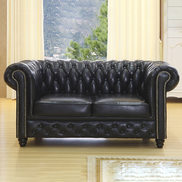 Traditional Vintage Rectangular Faux Oil-Waxed Leather Solid Wood Sofa Backrest Armrest For Living Room