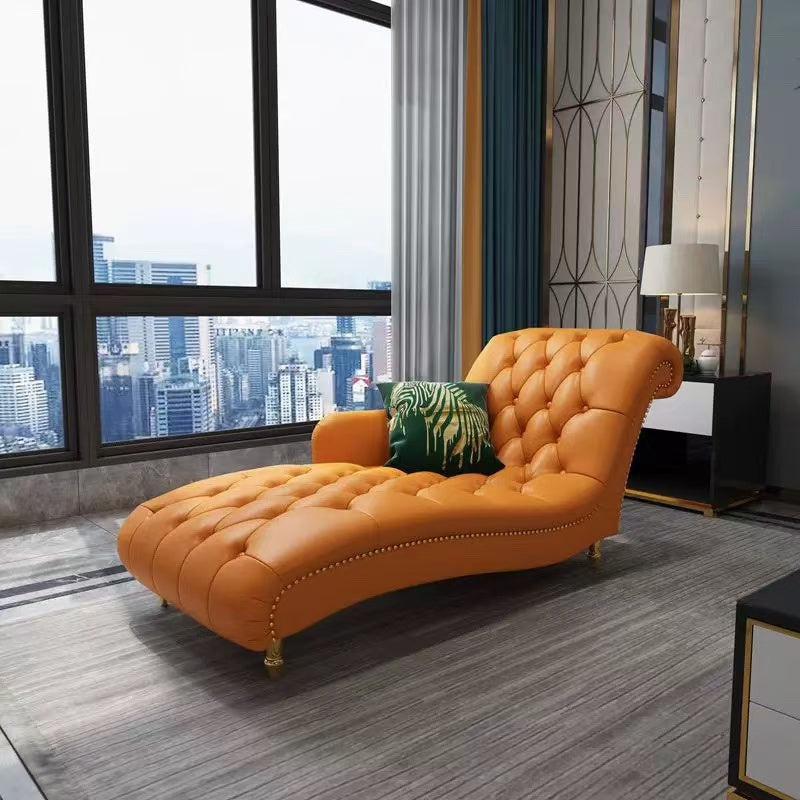 Contemporary Luxury Rectangular Nappa Leather Solid Wood Stainless Steel Accent Chair Chaise Lounge Backrest Armrest For Living Room